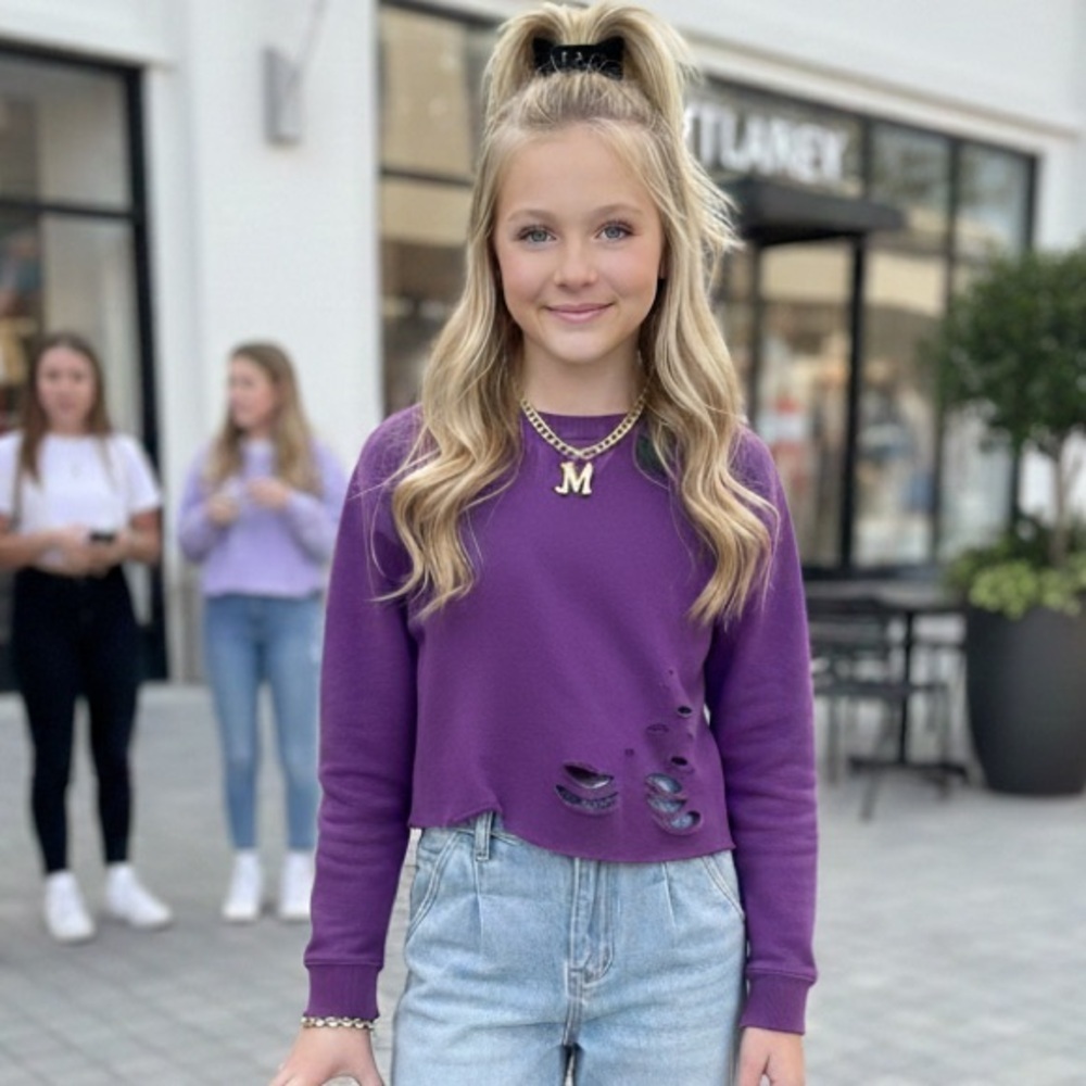 Stylish Purple tween cropped Sweatshirt with Distressed Design nwt - size medium